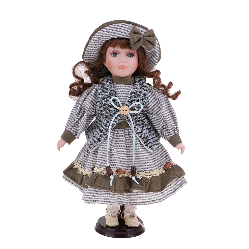 30cm Porcelain Doll Victorian Girl Standing Figures with Wooden Stand Kids Adult Collections