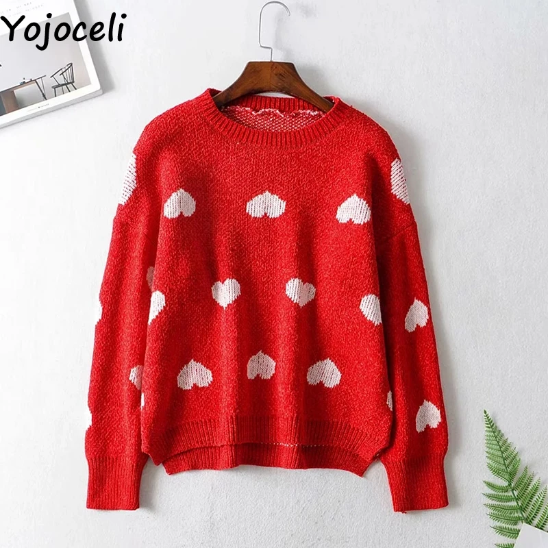 Yojoceli Sexy heart knitted sweater women Autumn winter warm jumper female Casual cute knitting pullover top | Женская одежда