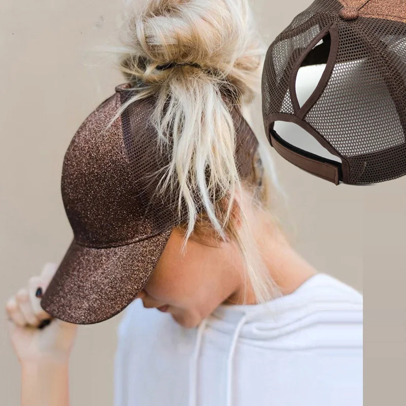 

2020 Glitter Ponytail Women's Baseball Cap Women Snapback Mesh Trucker Caps Female Summer Bone Black Adjustable Hip Hop Hats/Cap