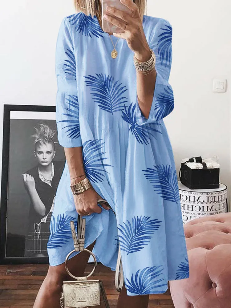 Плюс размер Весна Осень женское свободное с цветочным принтом три четверти рукав