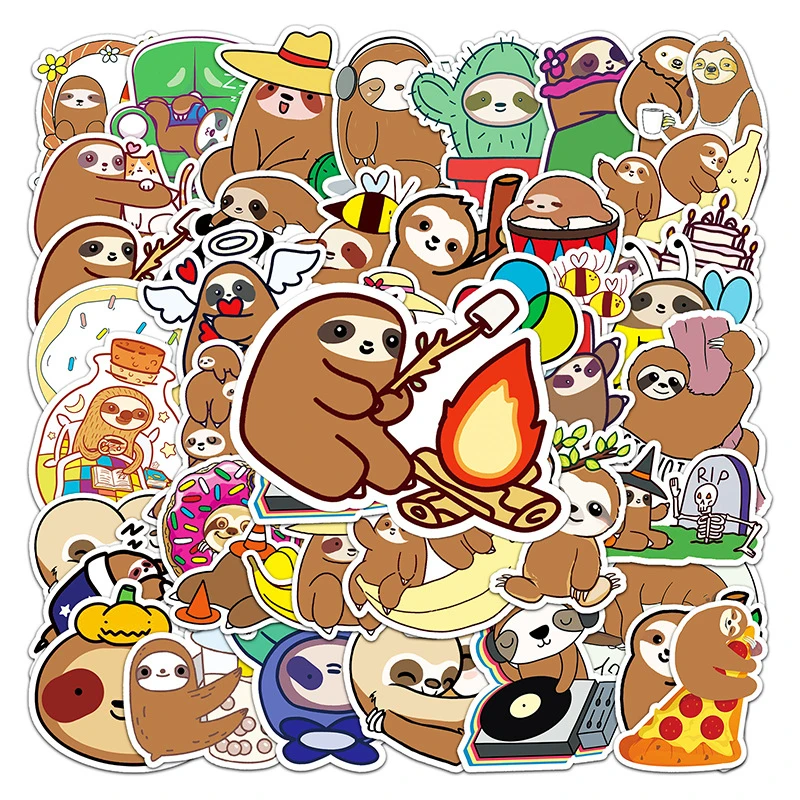 

50pcs Cartoon Cute Sloth Cartoon scrapbooking Stickers packs Waterproof Skateboard Suitcase Guitar Graffiti pasters Kid Toy