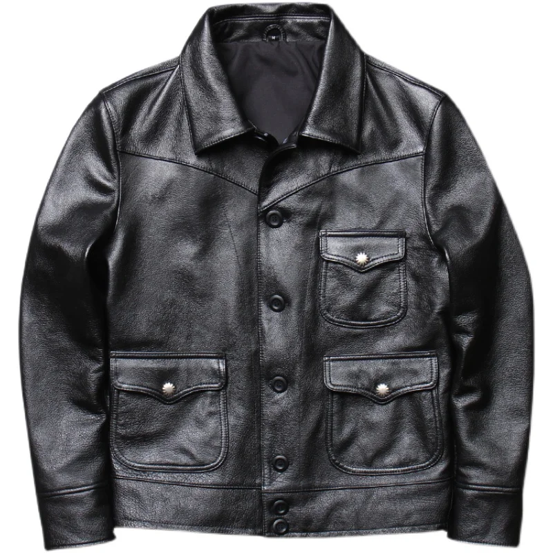 

2021 Black Japan Casual Style Genuine Leather Jacket Men Single Breasted Plus Size 4XL Natural Cowhide Spring Slim Short Coat