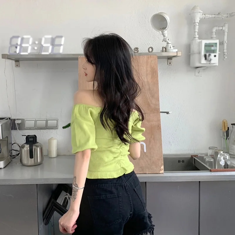 

Women Summer T-shirt Korean Style Sexy Knit Slash Neck Ruffles Solid Color Simple Casual Comfortable Women's Tops