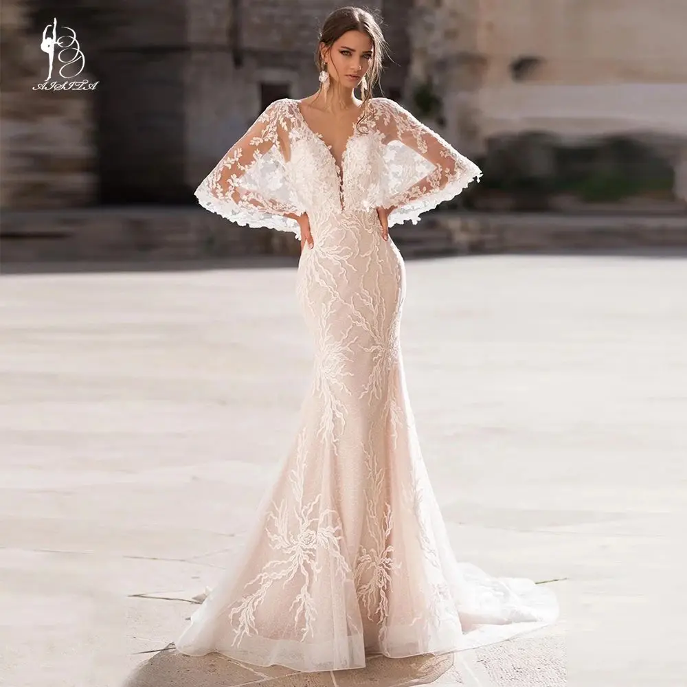 

Gorgeous Batwing Sleeve Mermaid Wedding Dresses 2021 V Neck Lace Appliques Tulle Backless Sweep Train Bridal Gown Robe De Mariée