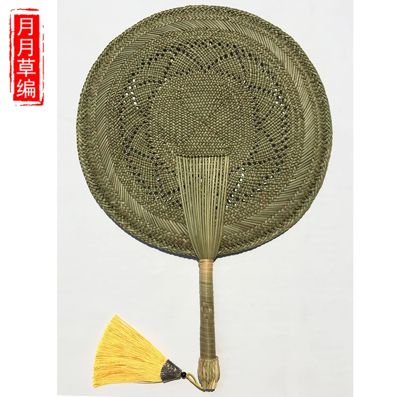 

Summer household large round fan fan handmade straw custom ancient style baby long handle red tassels cool craft fan