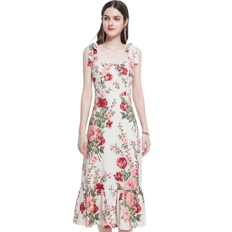 

COIGARSAM French Style Print Women dress Spaghetti Strap Dresses Design And Color 5109