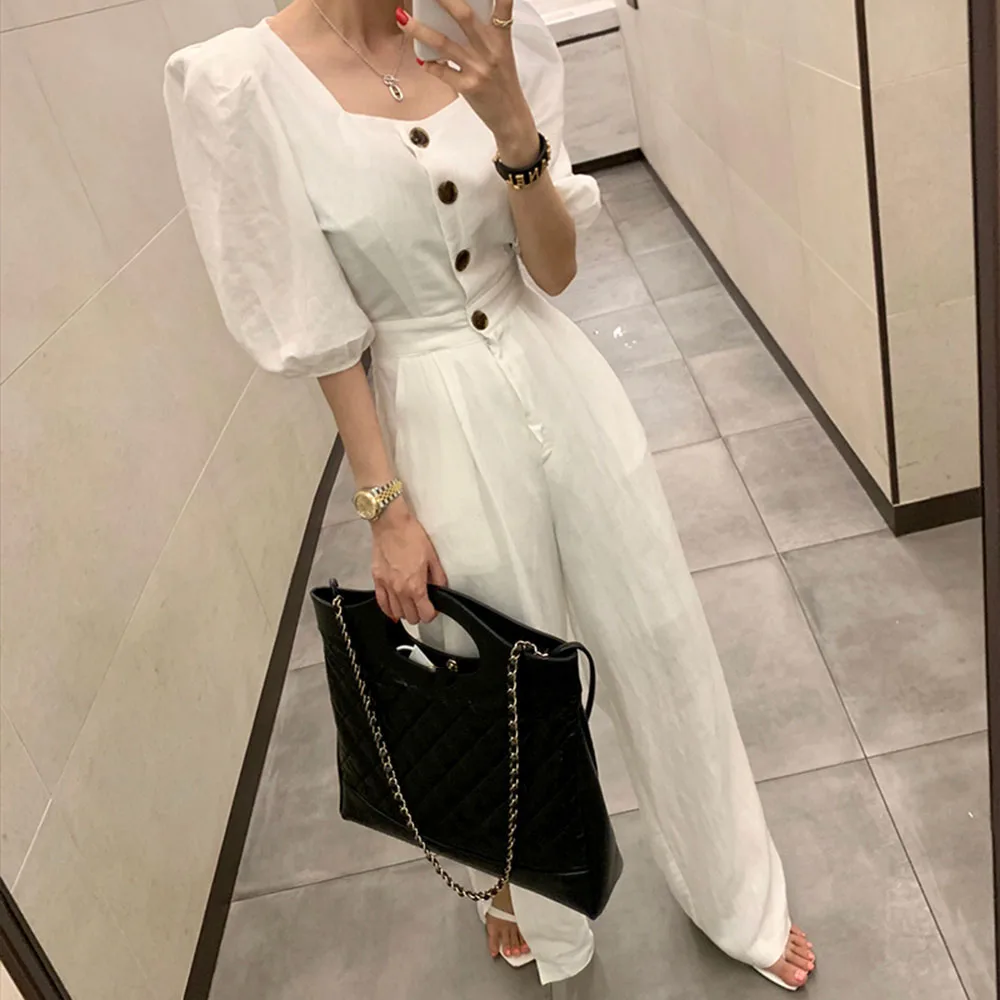 Elegant Slim Women Short Sleeve Square Neck Jumpsuits Office Lady Bodysuit Long Pants Casual Playsuit Solid Color Autumn Fashion |