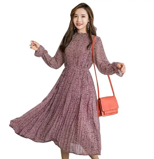 Бургундское абрикосовое шифоновое платье с цветами Весна Осень женское стоячий