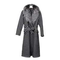 runway design long houndstooth tweed wool jacket women classic retro genuine fox fur collar woolen coat with belt