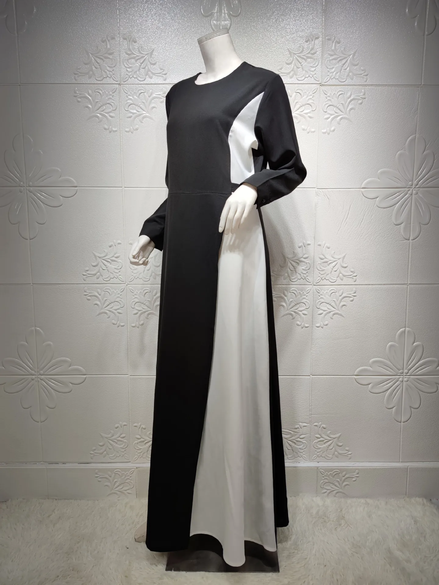 

Elegant Muslim Arabic Maxi Dress Black White Fake Two Pieces Middle East Turkey Malaysia Long Sleeve Eid Clothing 2021