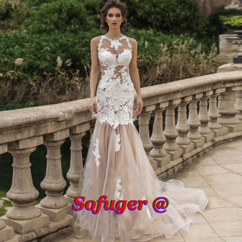 

Champagne Stunning Lace Mermaid Wedding Dresses Illusion Back Pleat Vestidos de Noivas Abiti Da Sposa Wedding Party Gown