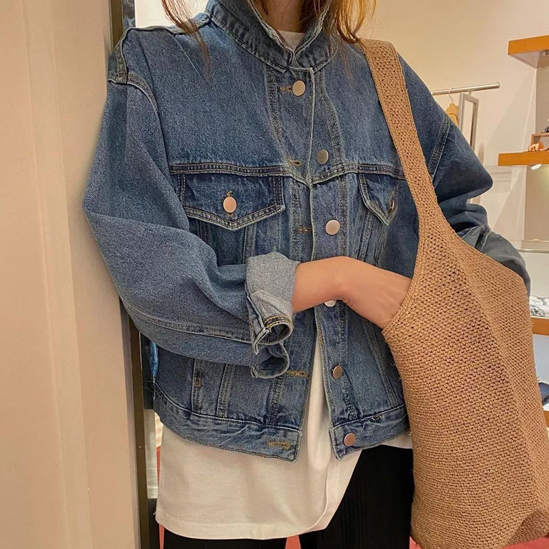 

ZAWAHIKI Korean Vintage Turn-down Collar Double Pockets Women's Jacket Spring Loose Long Sleeve Single Breasted Mujer Chaqueta