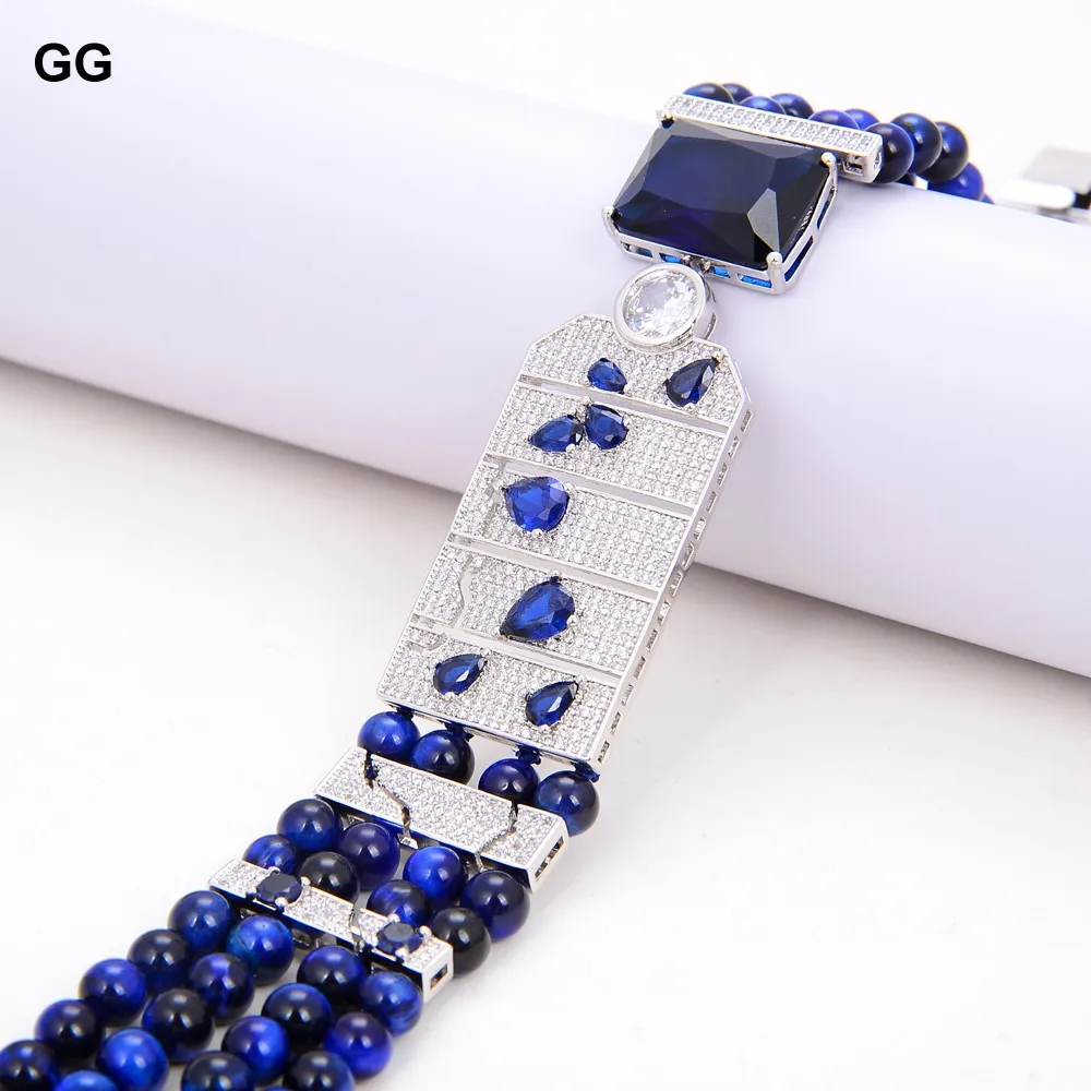 

GG Jewelry 20" Round Natural Blue Tiger's-Eye Necklace CZ Pave Connector