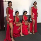 Кружевные Платья для подружек невесты, красное шелковое матовое атласное платье без рукавов с V-образным вырезом и Боковым Разрезом, платья подружек невесты с юбкой-годе для свадебной вечеринки на шнуровке