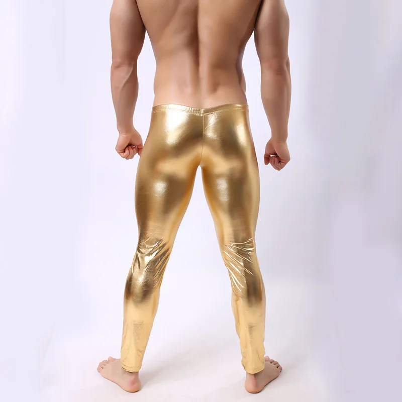 Мужская лакированная кожа выпуклость мешок длинные брюки нижнее белье одежда