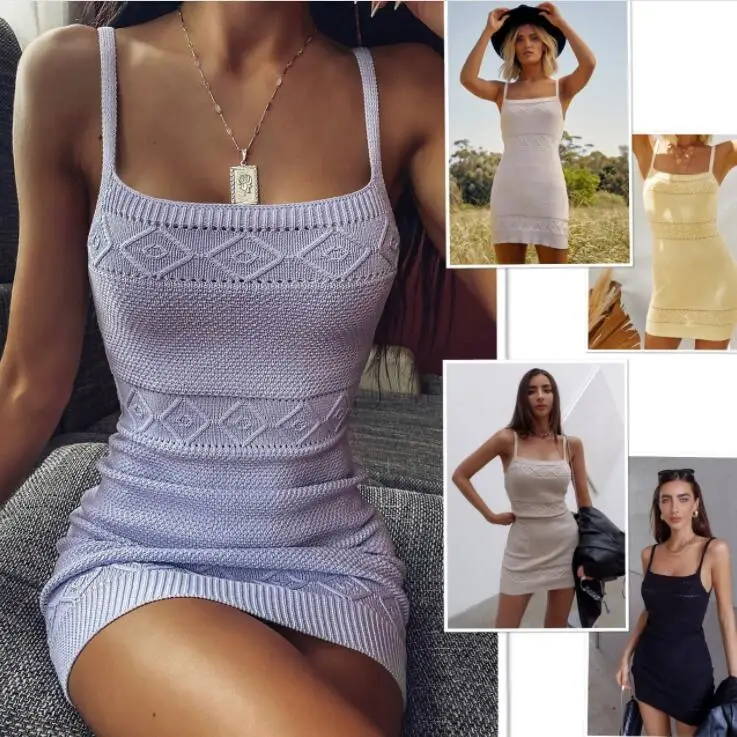 

2022 New Summer Sling Dress Spaghetti Strap Knitted Mini Sexy Vintage Slim Bodycon Solid White Women Beach Night Party Dresses