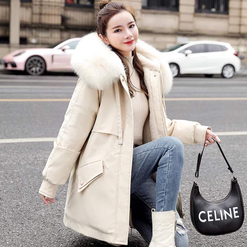 2022 Winter Fleece Parka Coat Plus Cashmere Drawstring Waist Cotton Down Padded Jacket Fur Collar Hooded Fur Thick Warm Outwear