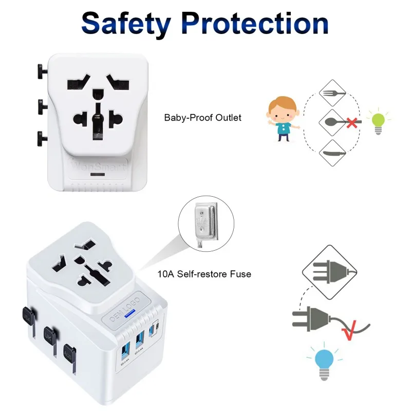 

All in One Universal Travel Power Wall Charger 2500W AC Power Adapter With 3 USB Ports 3.6A Type-C PD/QC3.0 Quick Charging