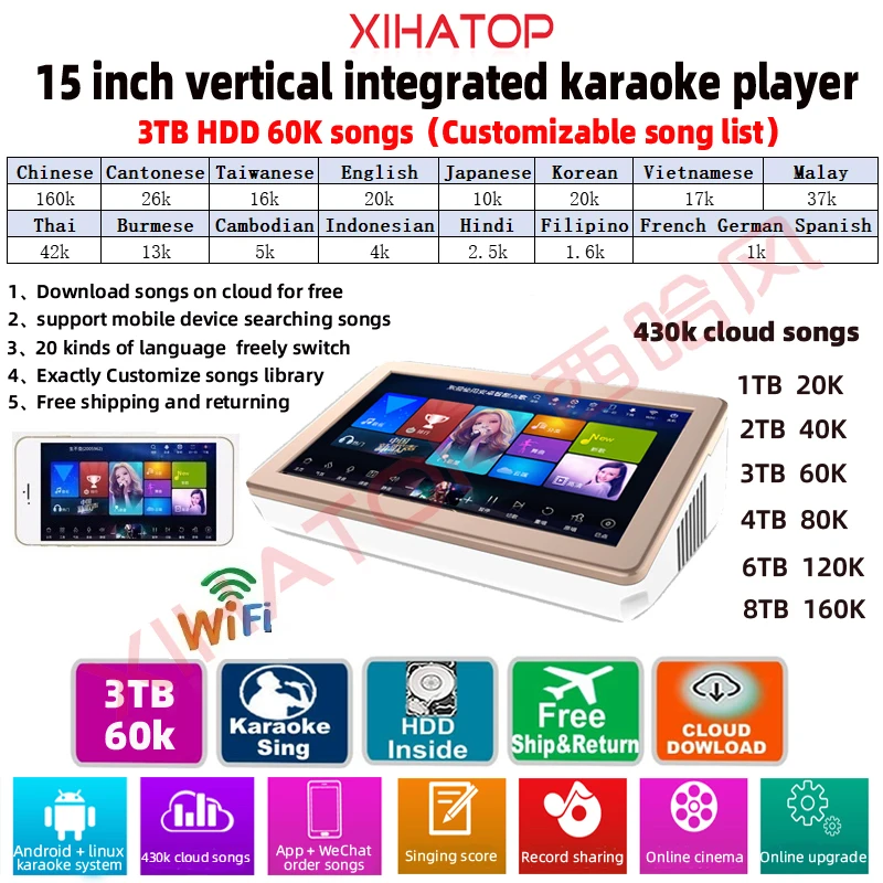 15 ''сенсорный экран караоке плеер машина 60K китайские английские песни 430K