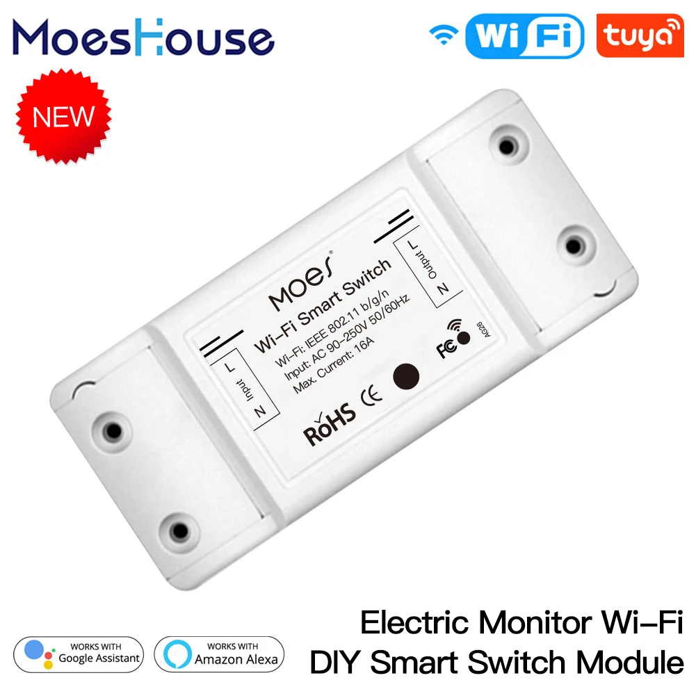 

MoesHouse Tuya Wi-Fi DIY Smart Switch Relay Module Power Monitor Smart Life App Remote Control 16A Work with Alexa Google Home