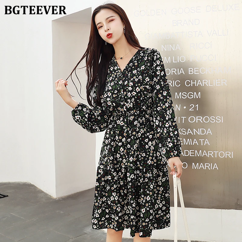 Женское шифоновое платье миди BGTEEVER винтажное облегающее с длинным рукавом и v