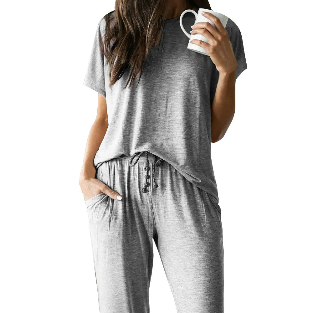 

2020 Two Piece Set Women Pockets O-Neck Tops and Pants Drawstring 2 Piece Sets Womens Outfits
