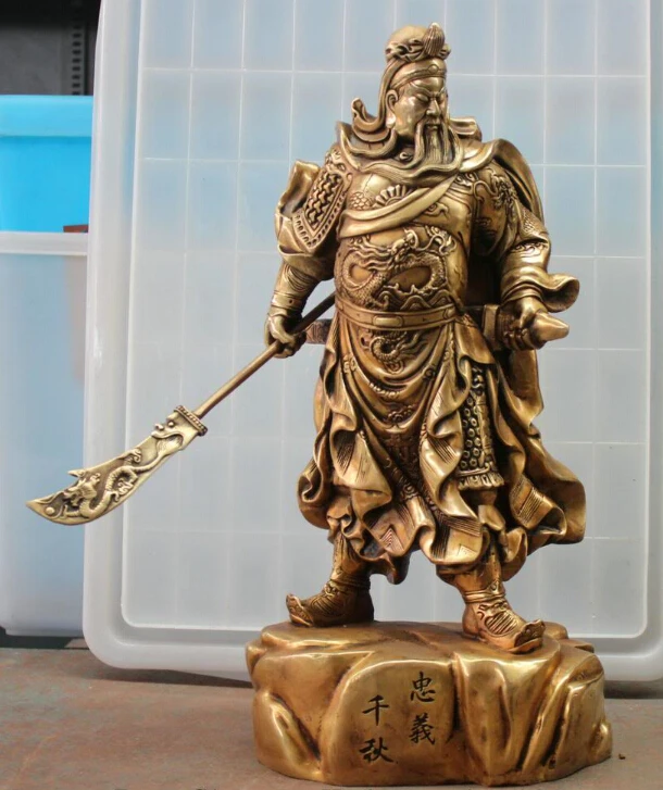 

18-дюймовая китайская латунная подставка из бронзы CopperYu Warrior меч с изображением бога, Статуя Дракона