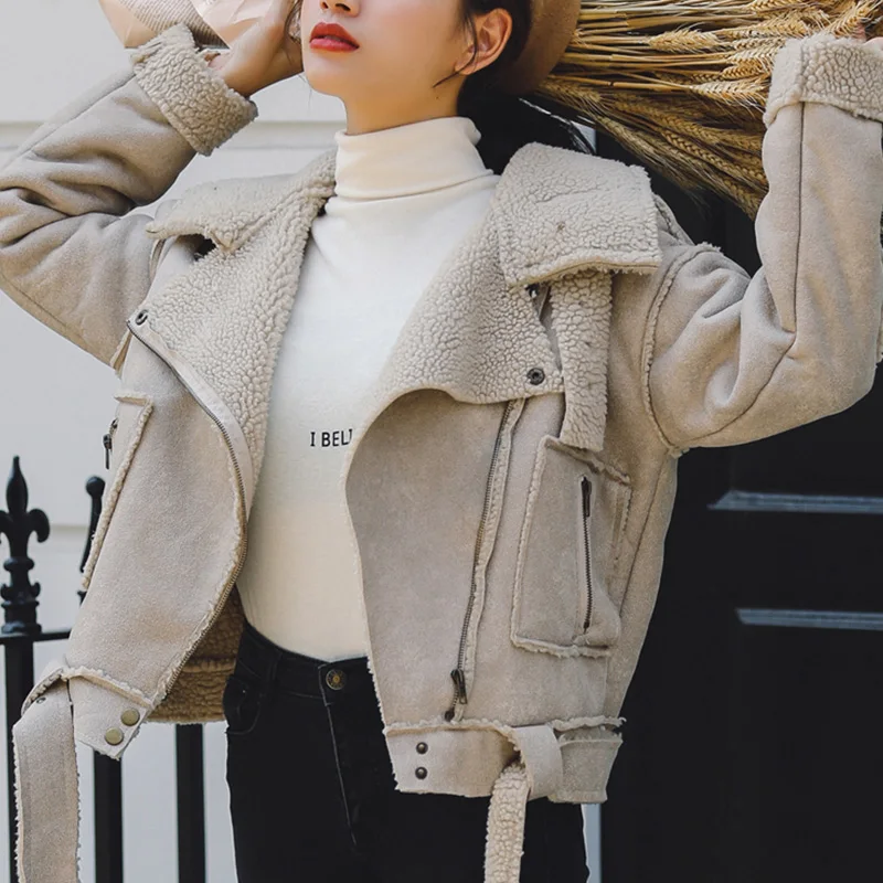 Trendy New Winter Women Thick Warm Faux Lamb Lether Jacket with Belt Turndown Collar Streetwear Loose Sheepskin Coat Outwear