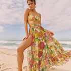 Купальник с цветочным принтом, сексуальные бикини для женщин, лето 2022, бикини, топ, длинное платье, купальник, Пляжная накидка, халат, пляжные богемные купальные костюмы