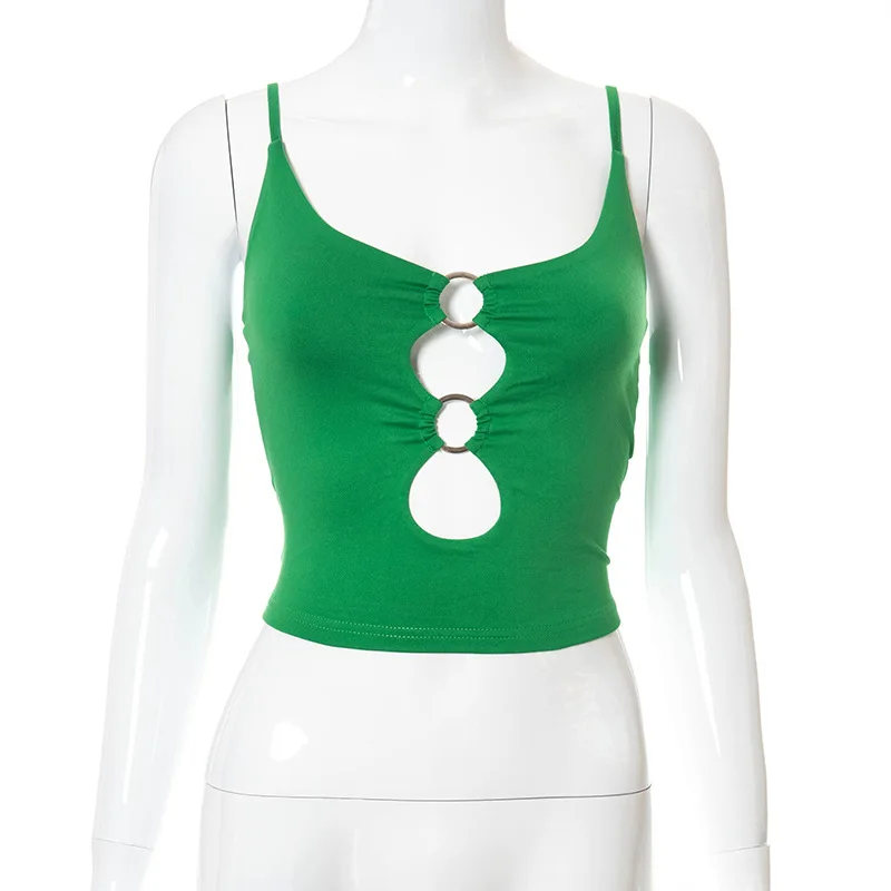

ALLNeon Y2K Aesthetics Hollow Out Green Cami Tops 2000s Fashion Summer Holes Straped Backless Crop Tops E-girl Streetwear Sexy