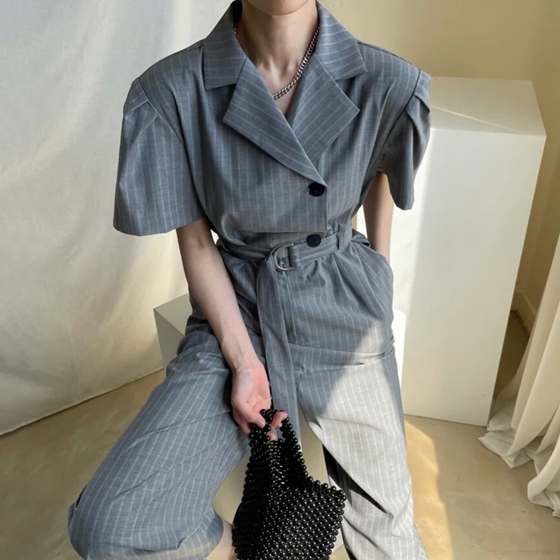 

Korean chic French retro suit collar two buttons high waist ring buckle tied wide loose stripe jumpsuit trousers women