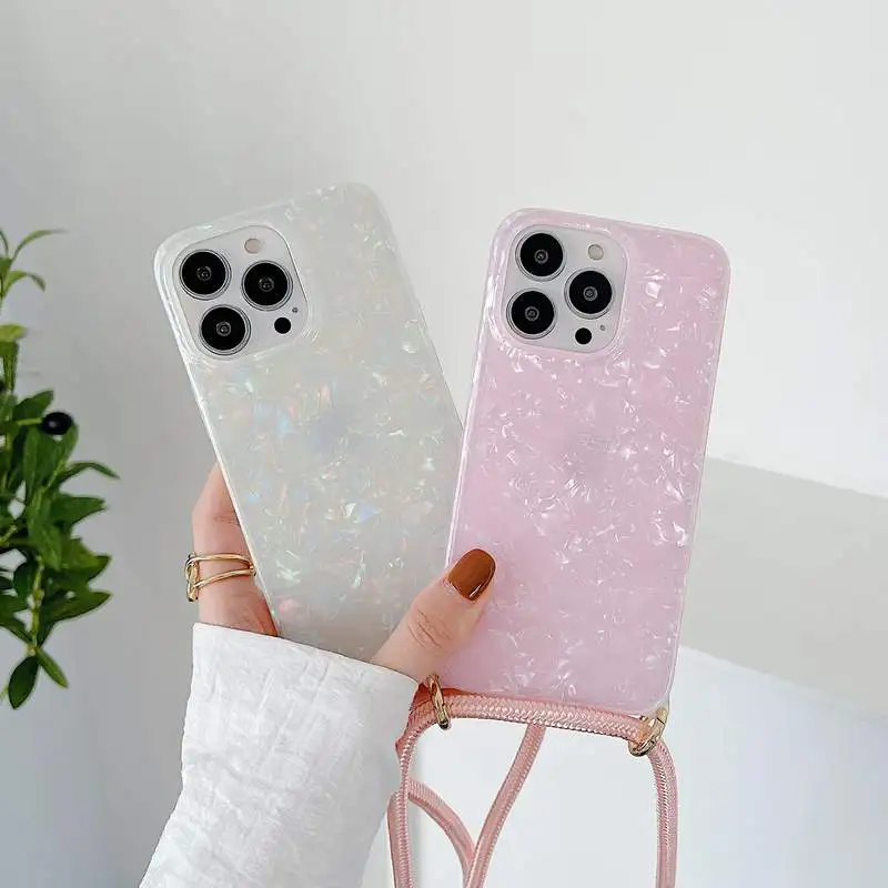 

For iPhone 13 11 Pro Max 12 Xs XR Cover Cases Lanyard For iPhone 7 8 Plus Simple Luxury Glossy IMD Soft Back Phone Case Skin