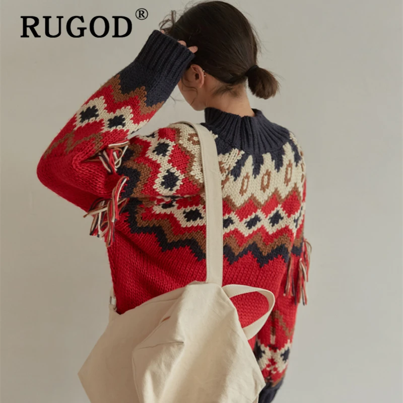 RUGOD шикарный вязаный лоскутный свитер женский корейский рукав-фонарик народные
