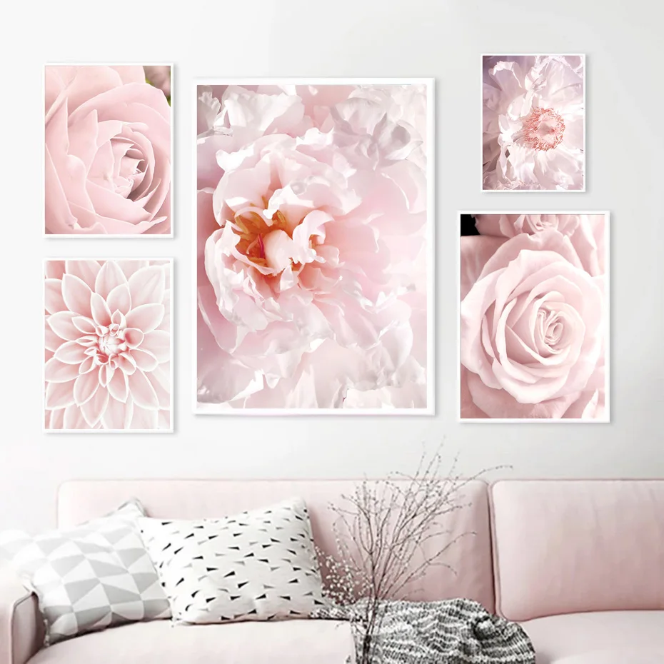 

Minimalism Small Fresh Pink Flowers Flower Girl Art Combination Canvas Painting Poster Print Printing Bedroom Living Room Art De
