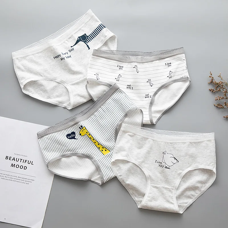

Teenage Panties Cartoons Animal Printed Underpants Young Girl Briefs Comfortable Cotton Gray Panties woman Stripe Underwear NEW