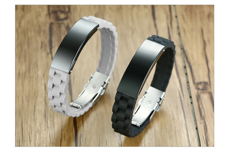 Vnox Men Silicone Sport Bracelets for Male Custom Engraving Stainless Steel Identification Wristband Bangle Gift 18-22.5cm