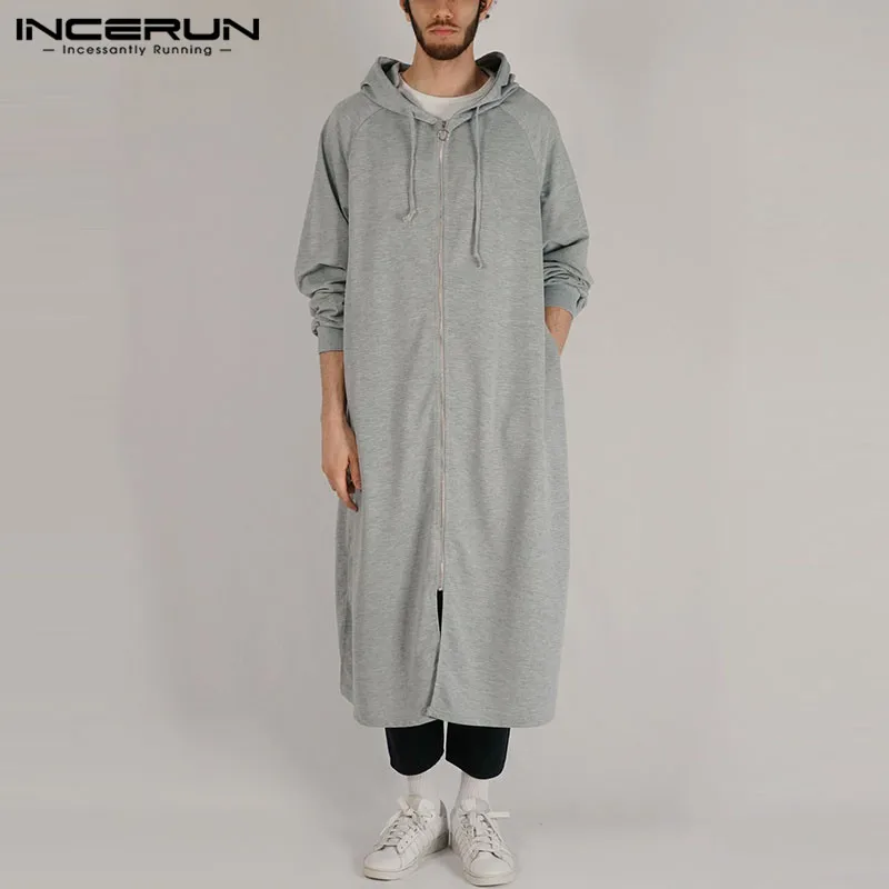 INCERUN/модные толстовки для мужчин, одноцветные, с длинными рукавами, на молнии, с капюшоном, длинные толстовки, мужская одежда в стиле хип-хоп, плащ
