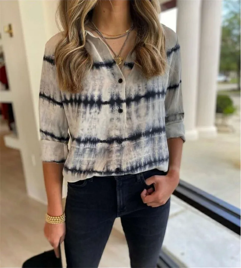 

2020 Autumn Elegant Women Tie-dye T-Shirt Long Sleeve V-neck Button Casual Tops Winter Fashion Loose Print T Shirts For Woman