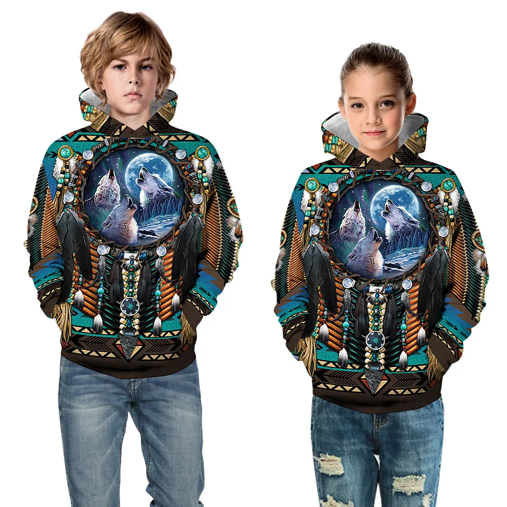 Толстовки для мальчиков в индийском стиле с объемным рисунком орла и волка