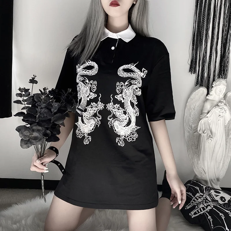 

Dark Goth Dragon Print Vintage Gothic Female T-shrits Spring 2021 Egirl Grunge Punk Emo Y2K Aesthetic Harajuku Tshirt Women Chic