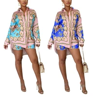 rstylish 2021 fashion women africa print long sleeve turn down collar shirt tops shorts fall casual two pieces set