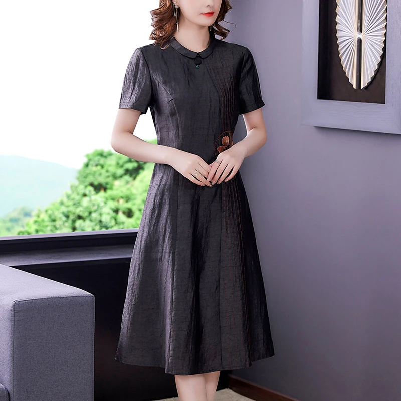 

COIGARSAM Women Long Dress Summer New Vintage Silk Short Sleeve O-Neck Black Dresses Traf Robe Vestidos