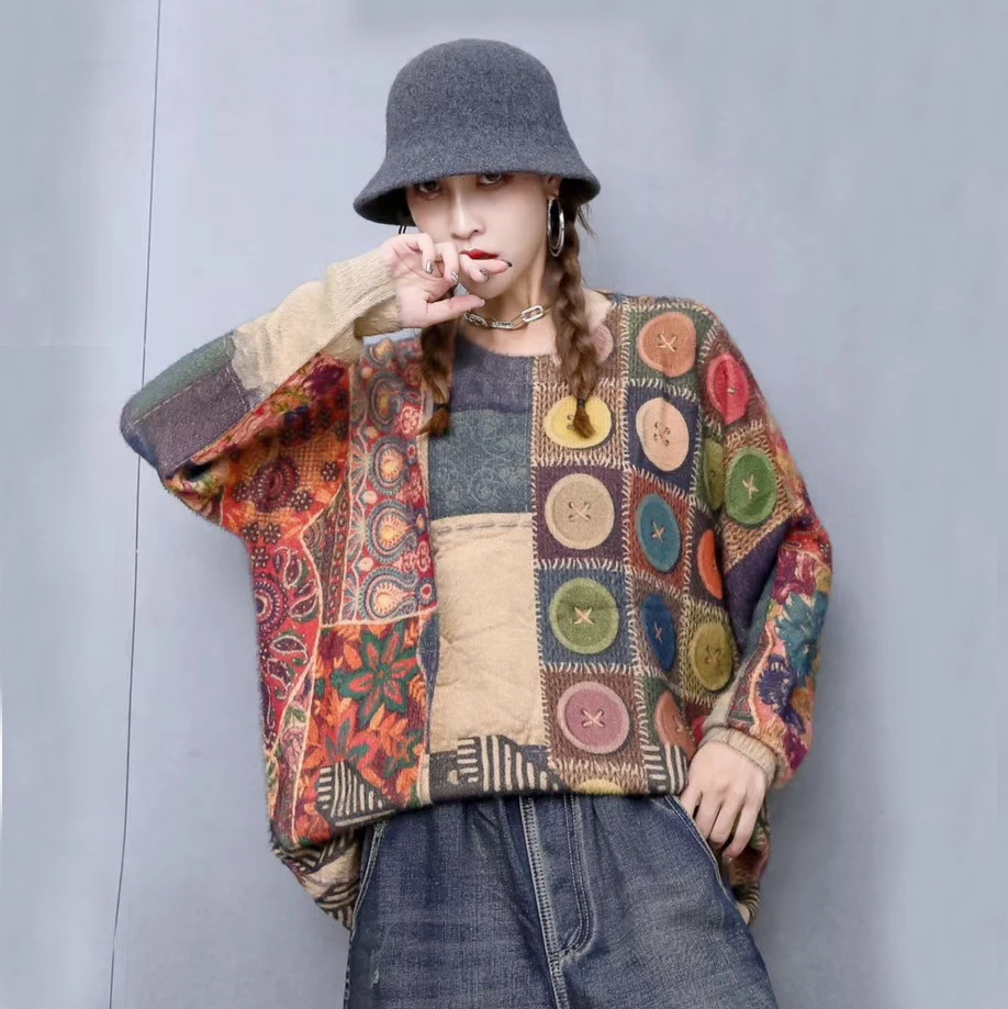 Женский меховой джемпер повседневный теплый оверсайз в стиле ретро с принтом