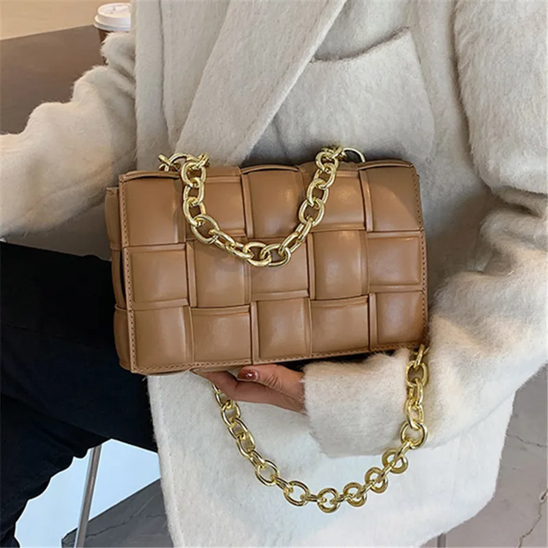 

Women's Weave Pattern Solid Color PU Leather Chain Shoulder Bag Trendy Square Handbags Female Retro Quality Wild Messenger Bag