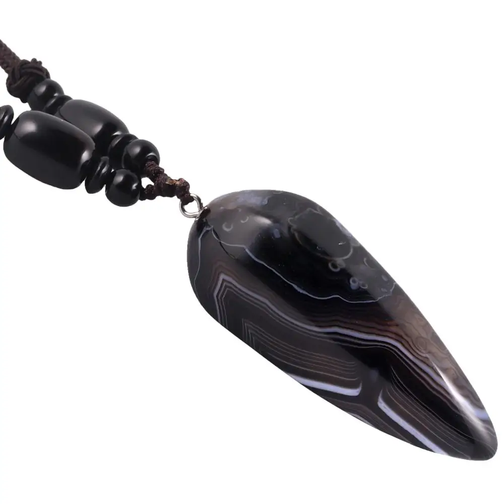 

TUMBEELLUWA Stripes Black Onyx Faceted Polished Stone Amulet Pendant Necklace, Healing Chakra Point Gem Nylon Cord for Women Men