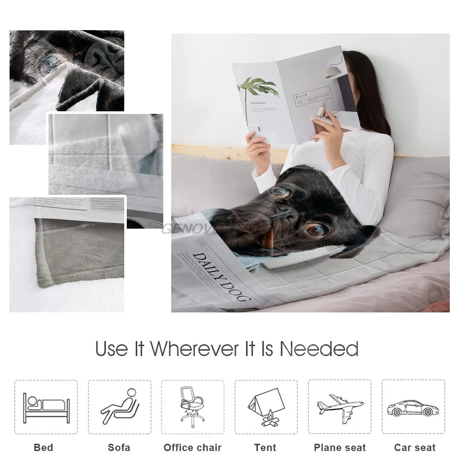 Одеяло флисовое Полноразмерное одеяло легкое Фланелевое для мопса сидящего на