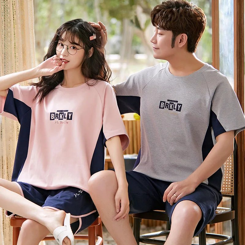 

Summer Plus Size Men Pajamas Set Cotton Blue Patchwork Short Sleeve Round Neck Couple Homewear Leisure Letter Lovers Sleepwear