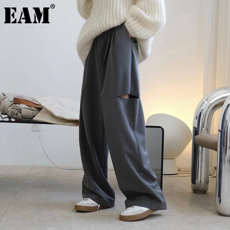 

[EAM] High Waist Gray Holes Long Wide Leg Casual Trousers New Loose Fit Pants Women Fashion Tide Spring Autumn 2021 1DE3125