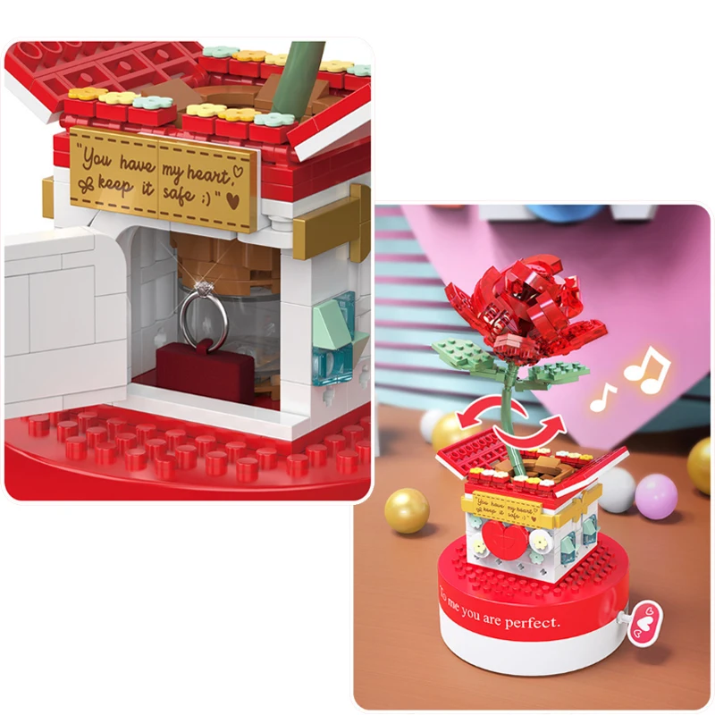 

2021 Botanical Rose Bouquet Music Box Building Blocks Plants Decorate Bonsai Bricks Model Set Toys Wife Girlfriend Gift CT0164