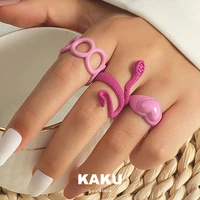 kaku ins 3 purple snake rings for female punk heart shape metal ring set for student acrylic butterfly accessories